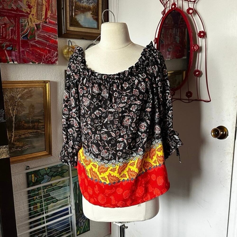 vince camuto paisley red orange black floral blouse